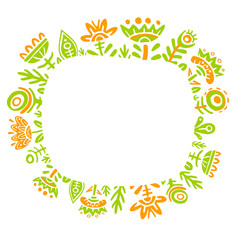 Fantasy fairy tale colorful flower frame on white background. Child drawing, unusual fairy plants and flowers.