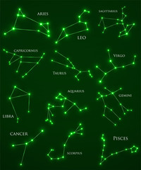 Set of zodiac constellations. Horoscope set: Aries, Leo, Sagitarius, Capricorn, Taurus, Virgo, Libra, Aquarius, Gemini, Cancer, Scorpio, Pisces. Vector Illustration. Eps10