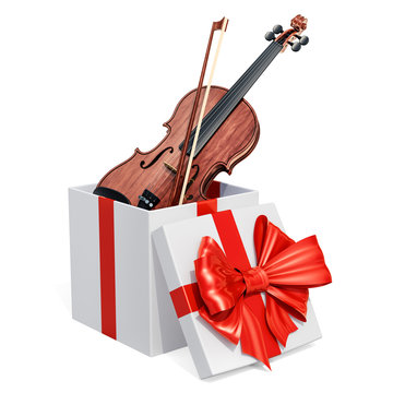 Gift box with violin, 3D rendering