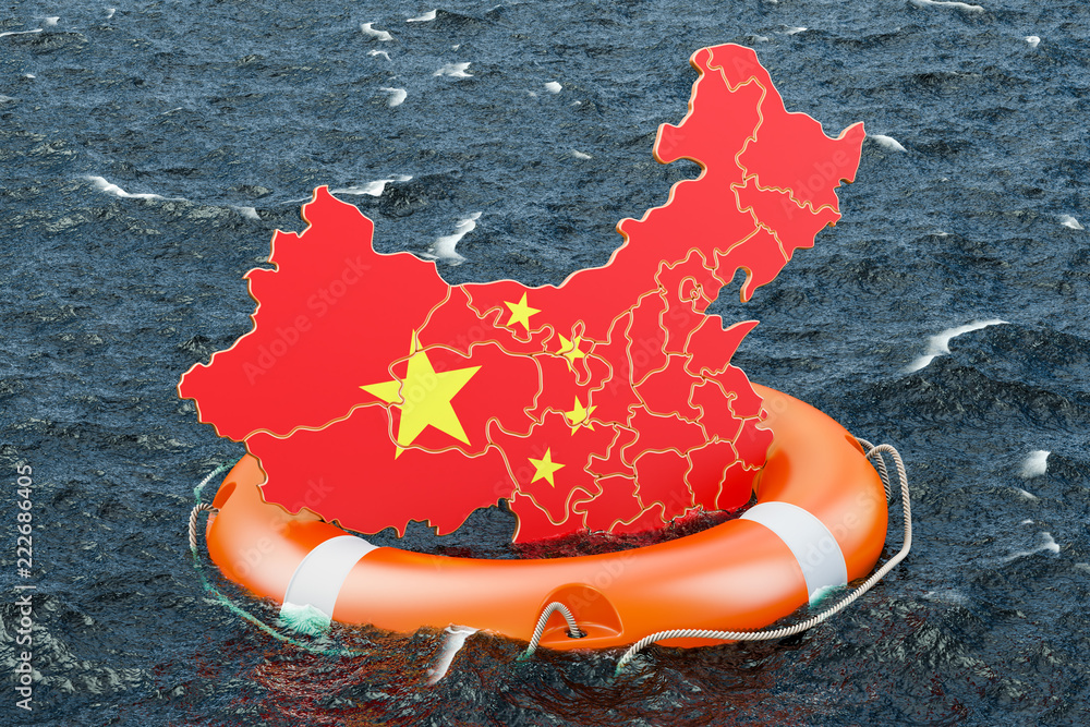 Poster lifebuoy with chinese map in the open sea. safe, help and protect concept. 3d rendering