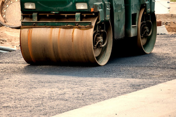 Road Construction Site In Berlin, Germany: Steamroller At Asphalt Pavement Works