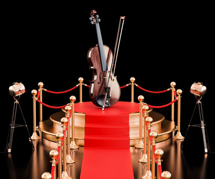 Podium with violin and bow, 3D rendering