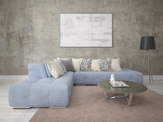 Mock up a spacious living room with a comfortable corner sofa and a light background.