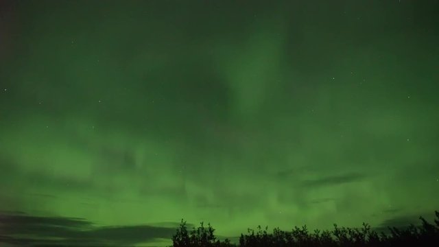 Realistic real time (not timelapse) aurora borealis (northern lights) in Whitehorse, Canada, at 01:48 on September 11, 2018 with 20mm wide-angle lenz