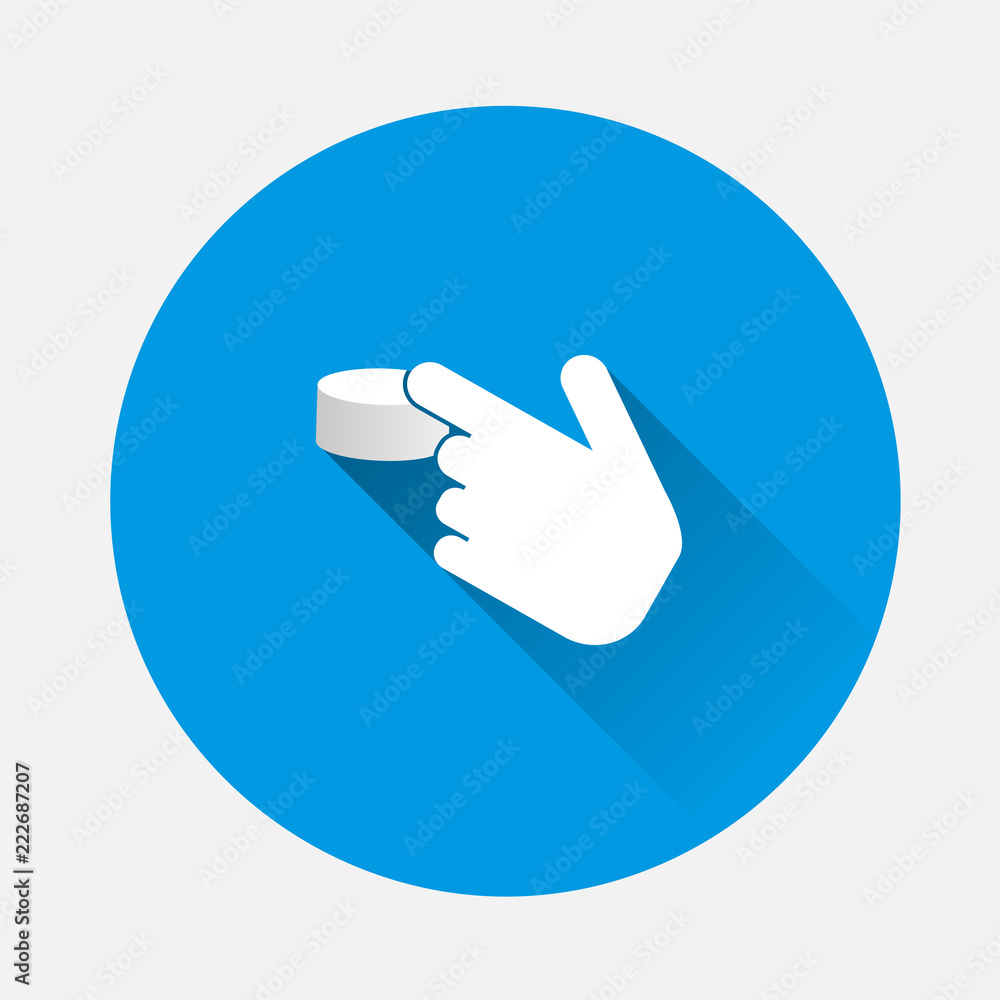 Poster the hand clicks on the button. cursor vector icon on blue background. flat image hand with long shad