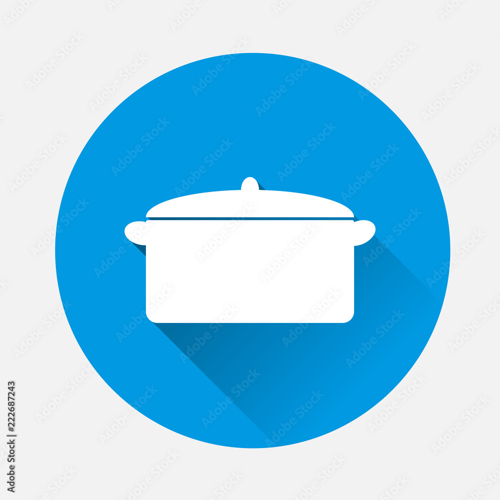 Poster vector image of the pot for cooking on blue background. flat image pot with long shadow. layers grou