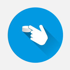  The hand clicks on the button. Cursor vector icon on blue background. Flat image hand with long shadow. Layers grouped for easy editing illustration. For your design.