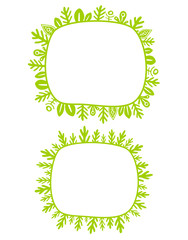 Child drawing cute plants and grass frame. Fairy tale green frame, isolated.