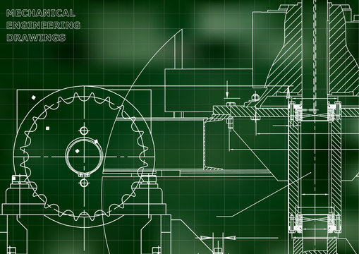 Blueprints. Engineering backgrounds. Mechanical engineering drawings. Cover. Technical Design. Green. Grid