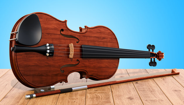Violin and bow on the wooden table, 3D rendering
