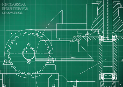 Blueprints. Engineering backgrounds. Mechanical engineering drawings. Cover. Technical Design. Lihgt green. Grid