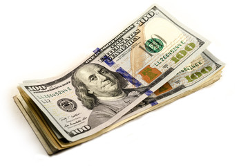 dollars, dollars, dollars!, a pile of dollar bills over with some cent coins over a white background. symbol of wealth