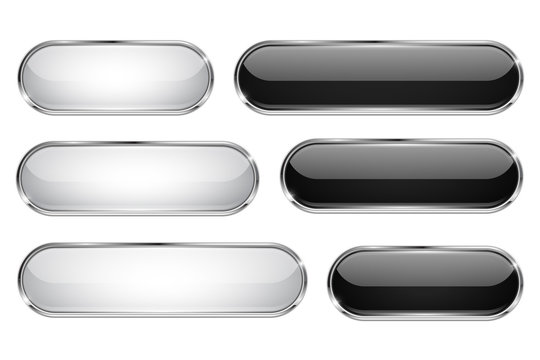 Black and white glass 3d buttons. Oval icons set with thin metal frame
