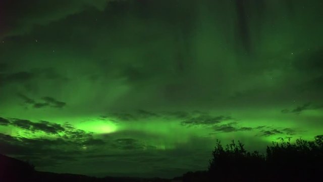 Realistic real time (not timelapse) aurora borealis (northern lights) in Whitehorse, Canada, at 00:25 on September 11, 2018 with 20mm wide-angle lenz
