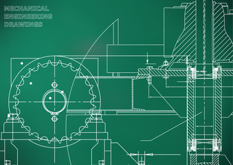 Blueprints. Engineering backgrounds. Mechanical engineering drawings. Cover. Technical Design. Lihgt green. Grid