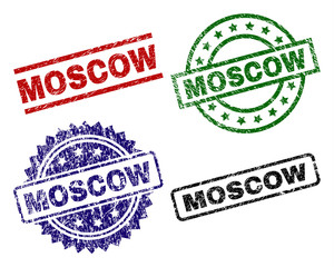 MOSCOW seal prints with damaged texture. Black, green,red,blue vector rubber prints of MOSCOW text with retro texture. Rubber seals with circle, rectangle, rosette shapes.