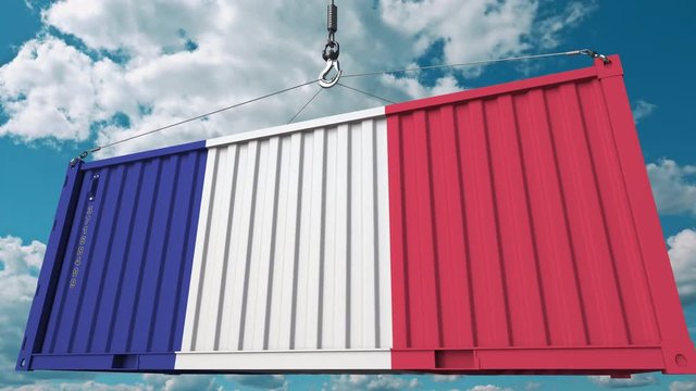 Loading cargo container with flag of France. French import or export related conceptual 3D animation