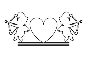 Cupids and hearts silhouettes in black and white