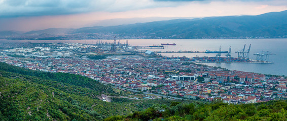 Wide angle panoramic view of Kocaeli city. Kocaeli Province is located at the easternmost end of the Marmara Sea around the Gulf of Izmit.