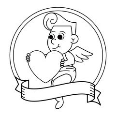 Cupid with heart on round emblem in black and white
