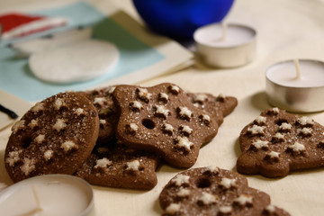 Christmas decorations, cookies, postcards, candles and balls