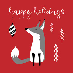 Greeting card with hand drawn cute Fox and inscription Happy Holidays. Vector card design.