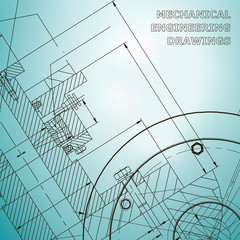 Backgrounds of engineering subjects. Technical illustration. Mechanical engineering. Technical design. Instrument making. Cover, banner, flyer. Light blue