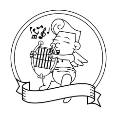 Cupid with harp on round emblem in black and white