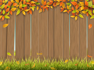 Old wooden fence on rural landscape background and a branch of a maple tree on the foreground. Fallen leaves on the withered grass. Seasonal vector background for autumn cards with place for text.