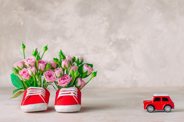 Baby shoes whith roses flowers and car toy
