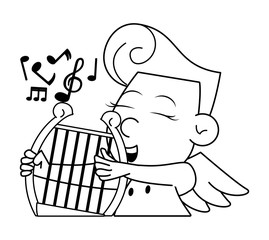 Cupid with harp in black and white