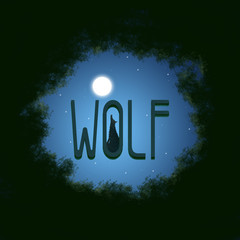 wolf and full moon illustration inside the forest