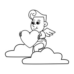 Cupid on cloud with heart in black and white