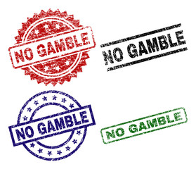 NO GAMBLE seal imprints with corroded style. Black, green,red,blue vector rubber prints of NO GAMBLE title with corroded style. Rubber seals with round, rectangle, medallion shapes.