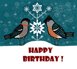 a New Year and Christmas card /  two bullfinches and  a snowflake tree on the night sky background...