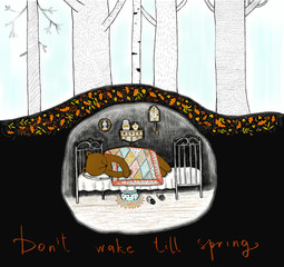 autumn card / the bear is sleeping in his den /  inscription- 
