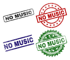 NO MUSIC seal prints with damaged texture. Black, green,red,blue vector rubber prints of NO MUSIC title with scratched texture. Rubber seals with circle, rectangle, medal shapes.