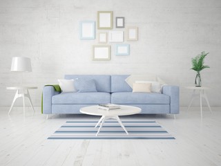 Mock up a bright living room with a compact sofa and a light hipster background.