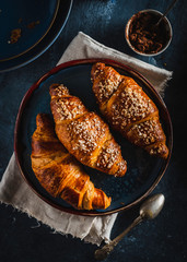 Croissants and chocolate. Morning breakfast. French breakfast. View from above