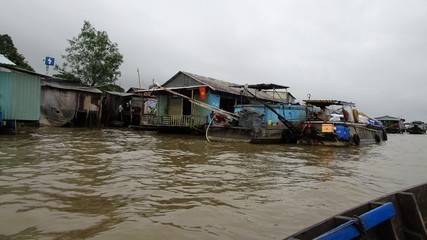Fototapeta na wymiar Small houses on the side of the mekong delta