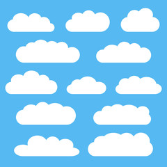 Cloud icon set, white clouds isolated on blue sky background, vector illustration.