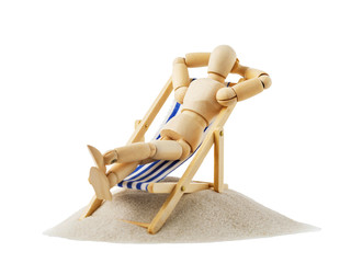 Wooden figure in the form of a man resting on a deckchair. Gestalta isolated on white background