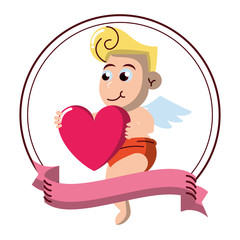 Cupid with heart on round emblem
