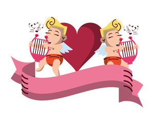 Cupids with harps and blank ribbon banner