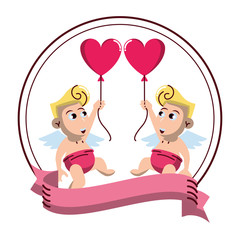 Cupids with balloons on round emblem