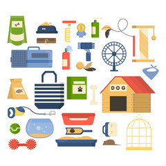 Pet equipment set. Food and toys for animals