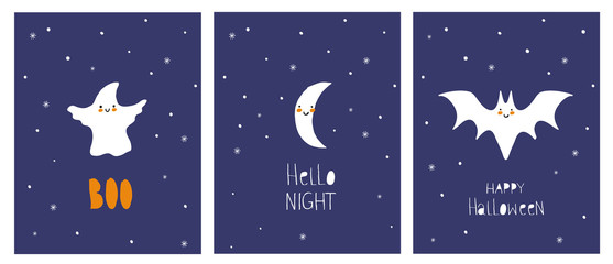 Obraz na płótnie Canvas Set of 3 Cute Hand Drawn Halloween Illustrations. Simple Infatile Style. Dark Blue Background. Funny White Ghost, Moon and Bat with Smile. Hand Written Text.