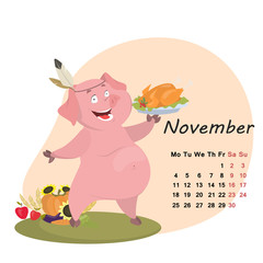 Cute month calendar with pig for November 2019