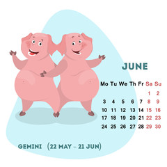 Obraz na płótnie Canvas Pig calendar for June 2019 with horoscope sign