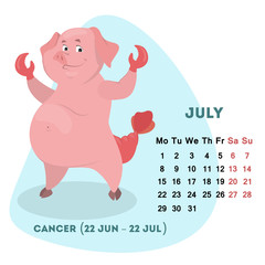 Pig calendar for July 2019 with horoscope sign